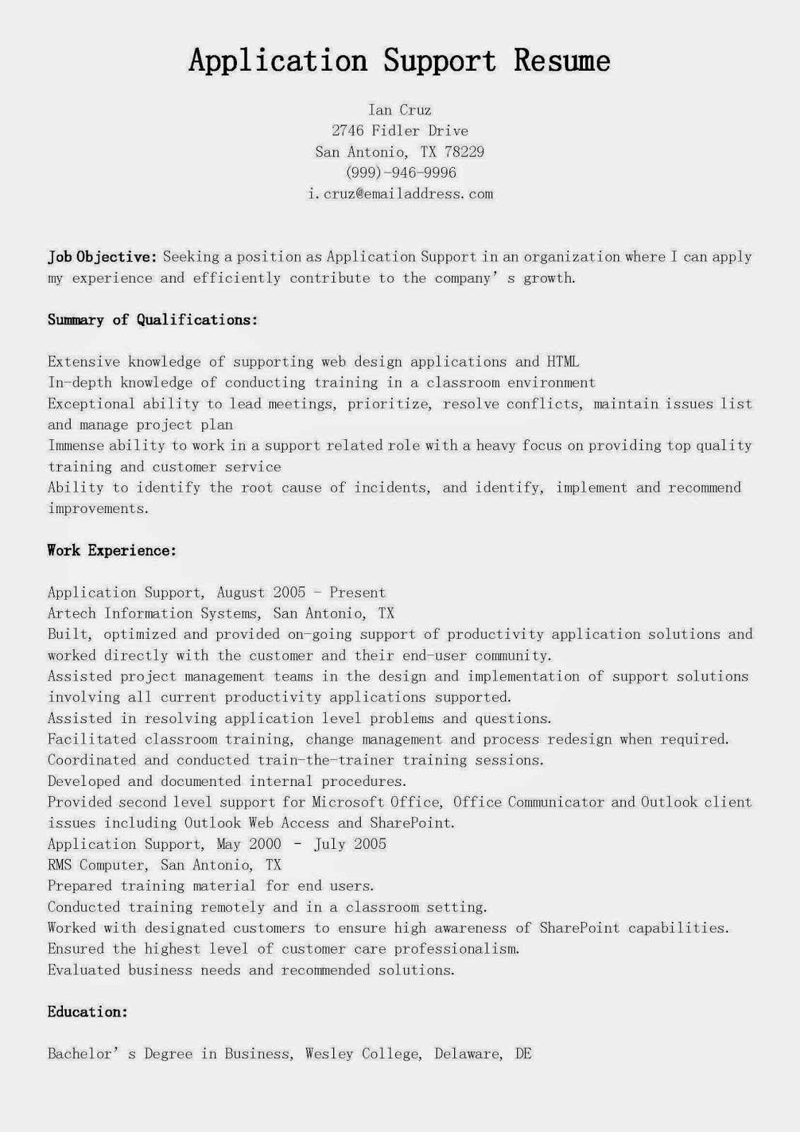 Application support resume objective